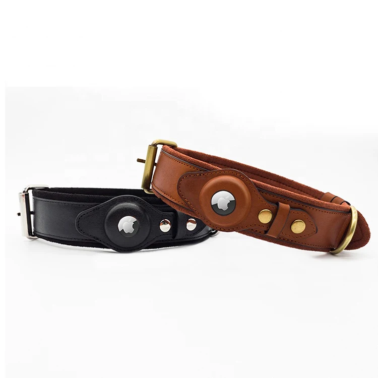 

Wholesale & Dropshipper Personalized Luxury Drum Dyed Vegan Genuine Leather Apple GPS Tracker Airtag Holder Case Pet Dog Collar