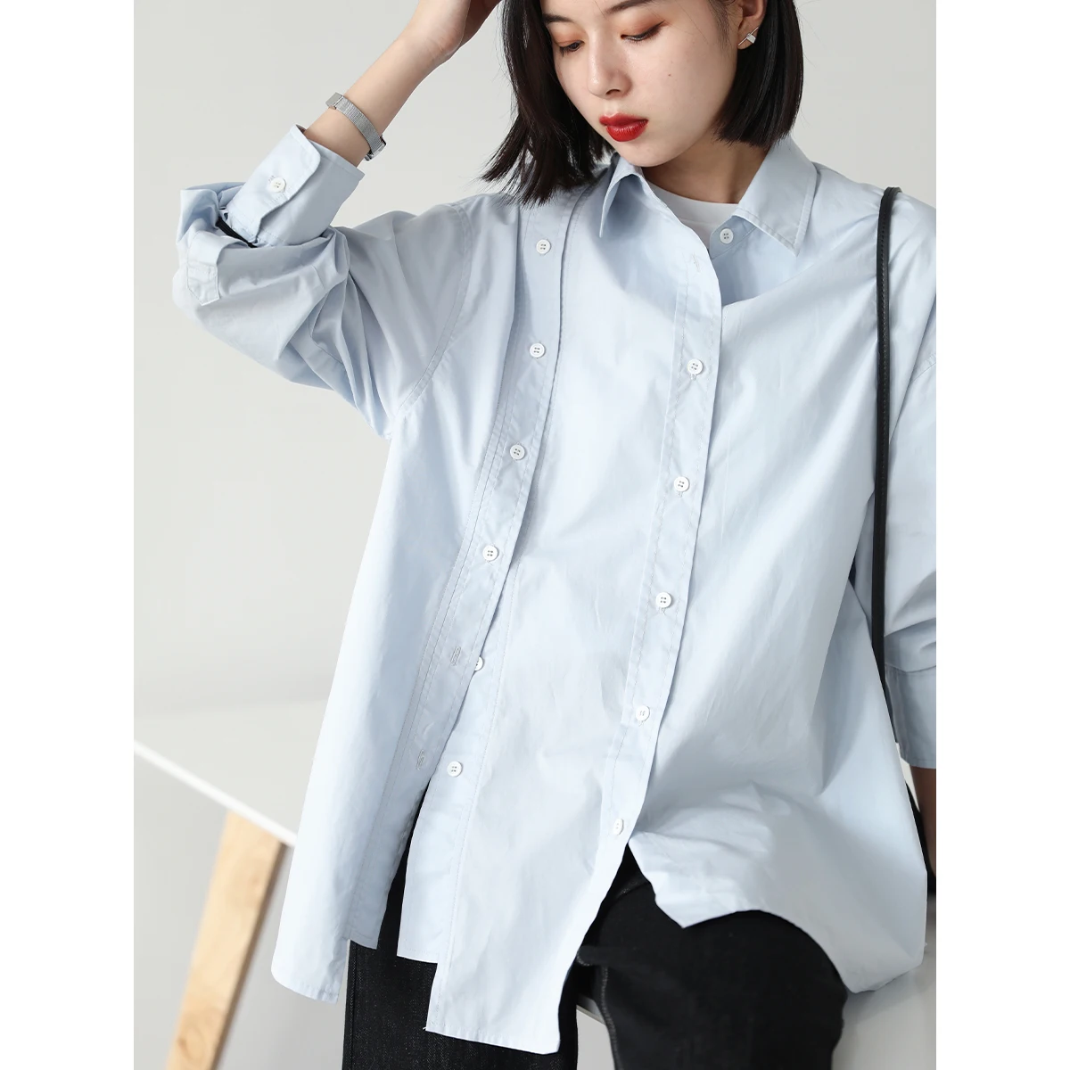 

CHIC VEN Korean Asymmetric Long Sleeves Double Breasted Lapel Cotton Shirt Autumn For Women