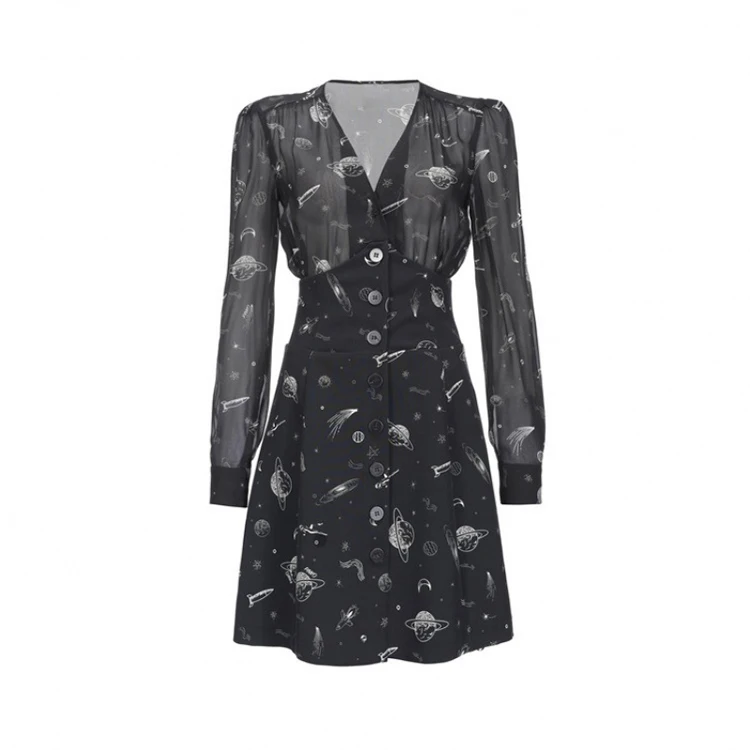 

Black starry dress women Print Long Sleeve Chiffon New look fashion black chiffon long sleeve midi dresses womens v-neck
