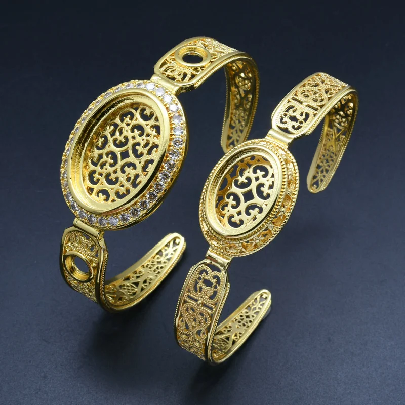 India Cheap Jewelry Ethnic Style Hollow Out Pattern 24k Gold Plating Semi-finished Inlaid Stone Bracelet Open Bangles For Women