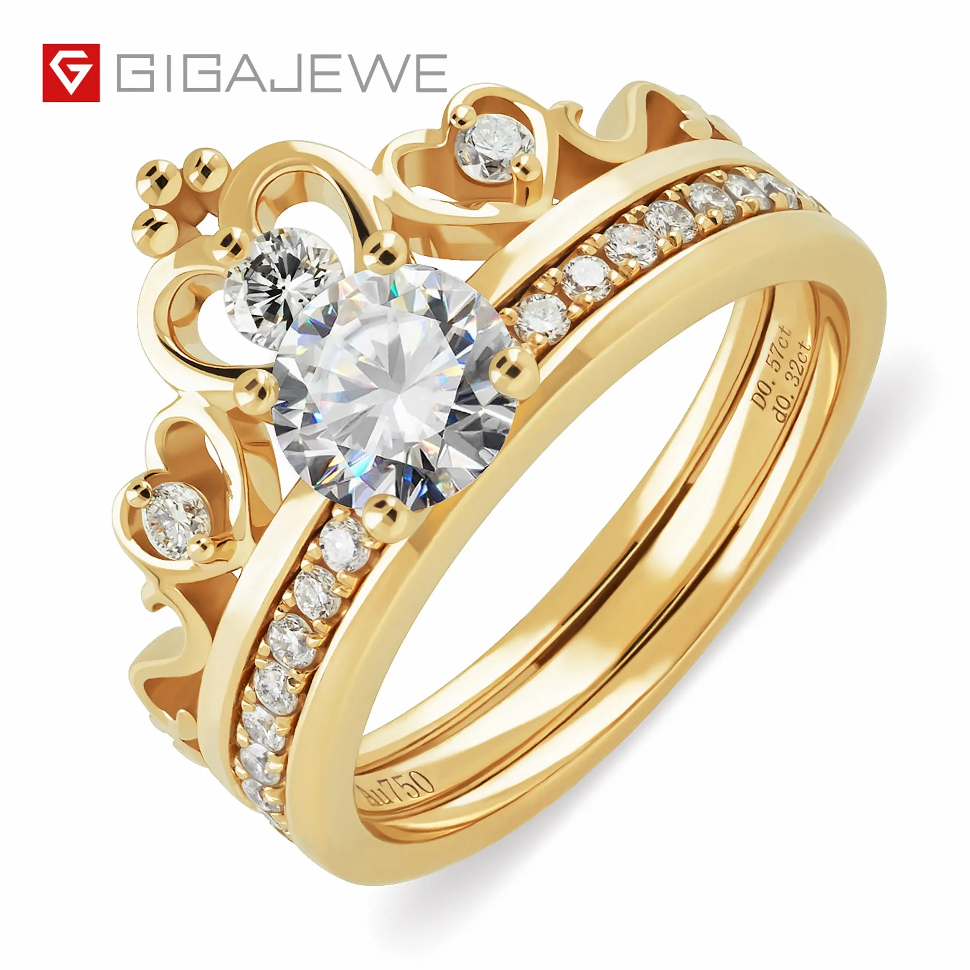 

18K Yellow gold 0.5ct 5.0mm Moissanite with 1ct side stone or CVD Diamond D Round Cut Two-piece Suit Gold Ring Engagement Ring, White d color