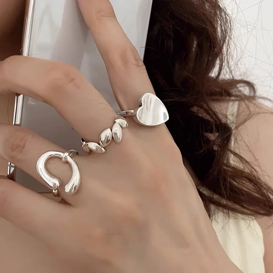 

Fashion Women Jewelry Irregular White Gold Plating Finger Ring Heart Curve 925 Silver Geometric Ring, Rhodium plated