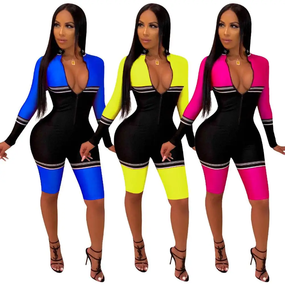 

long sleeve stitched slim fit casual color block sport jumpsuit, Rose, yellow, blue