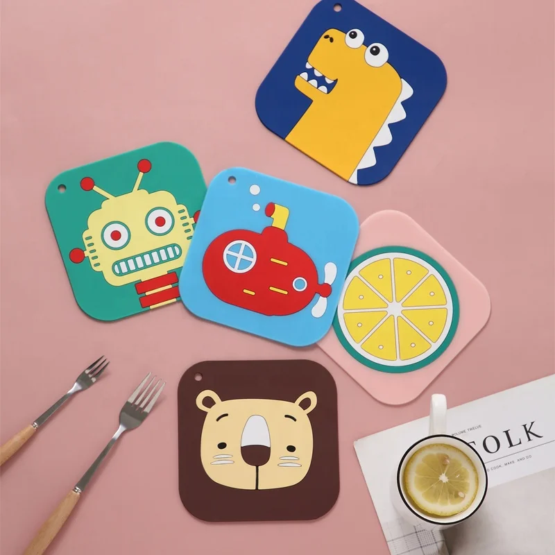 

Hot Sale Cartoon PVC Pot Mats Homechoice Cup Coasters Dining Table Mat Heat Insulation Holder Hand Drink Coaster Placemats, Monster/submarine/dinosaur/fresh lemon/brown bear/robot