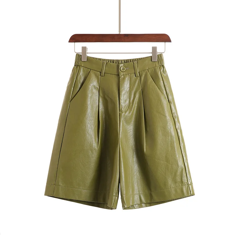 

Wholesale Solid Plain Fall Spring Summer Streetwear Fashion Pu Faux Leather Shorts For Lady Women Shorts Female