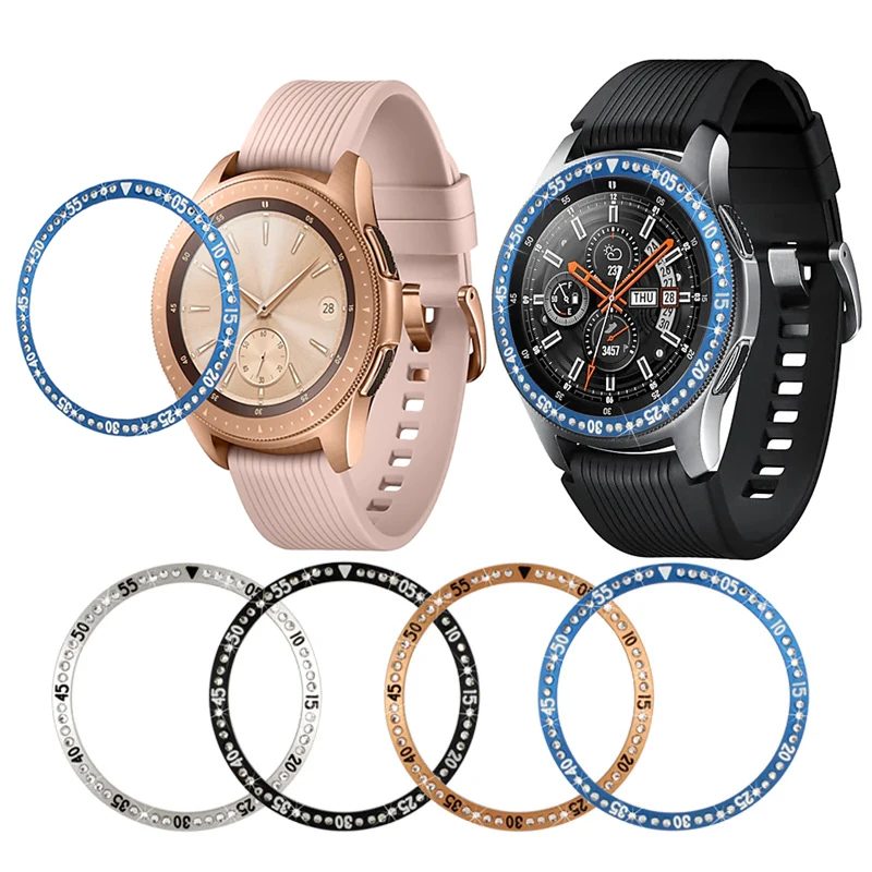 

for Samsung Galaxy Watch Time Cubic Diamond Metal Bumper Cover 42mm 46mm Gear S3 Adhesive Bezel Ring, Silver, black, rose gold, blue
