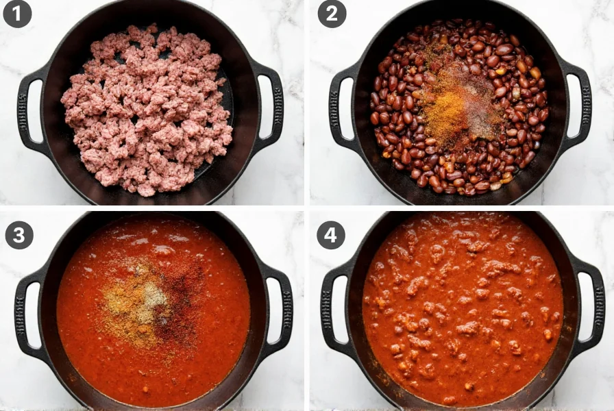 Step-by-step preparation of homemade chili with ground beef, beans, and spices in a cast iron pot