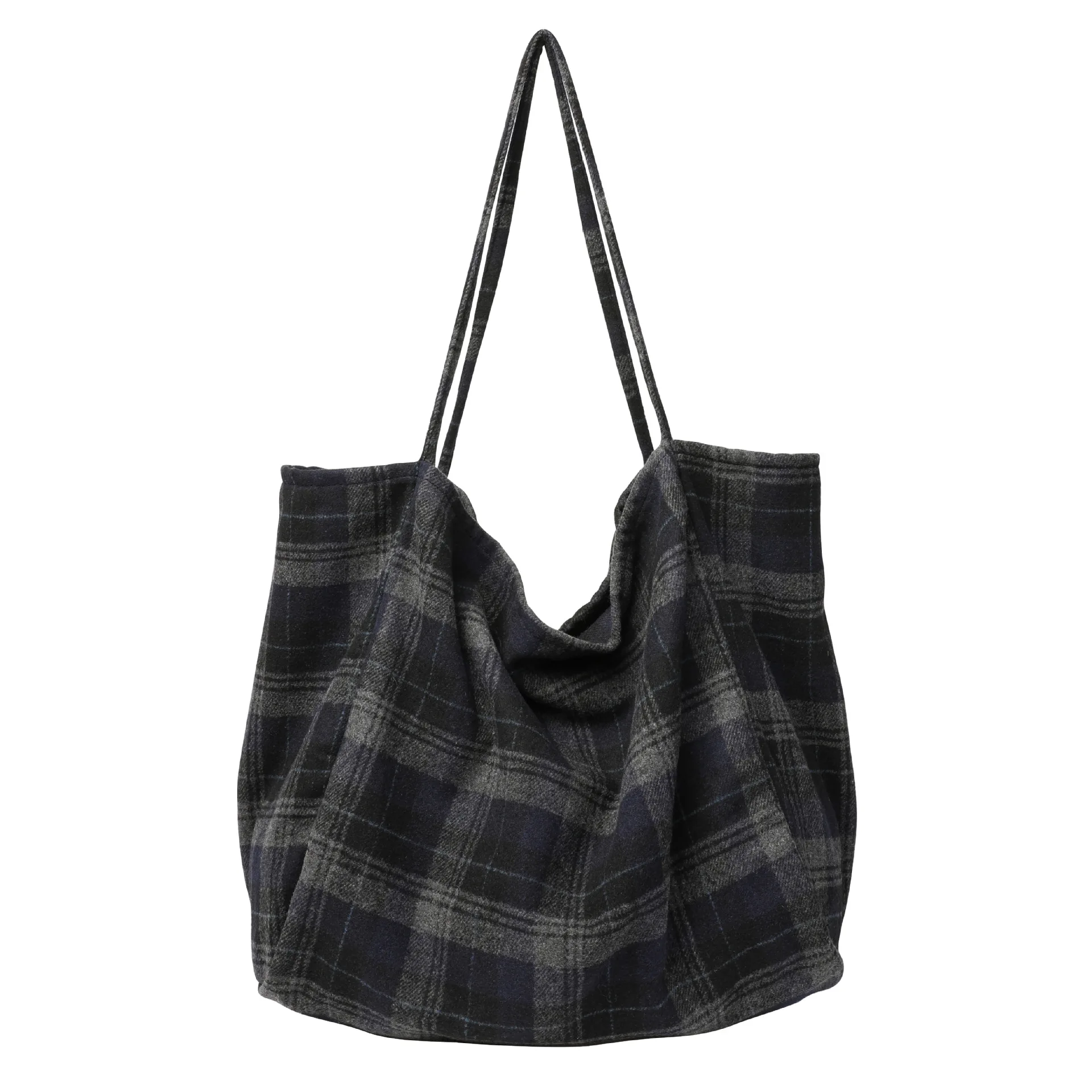 

Black Plaid Women Simple Shoulder Bag Soft Cloth Fabric Large Capacity Tote Canvas Bags For Pretty Young Girls, Customizable