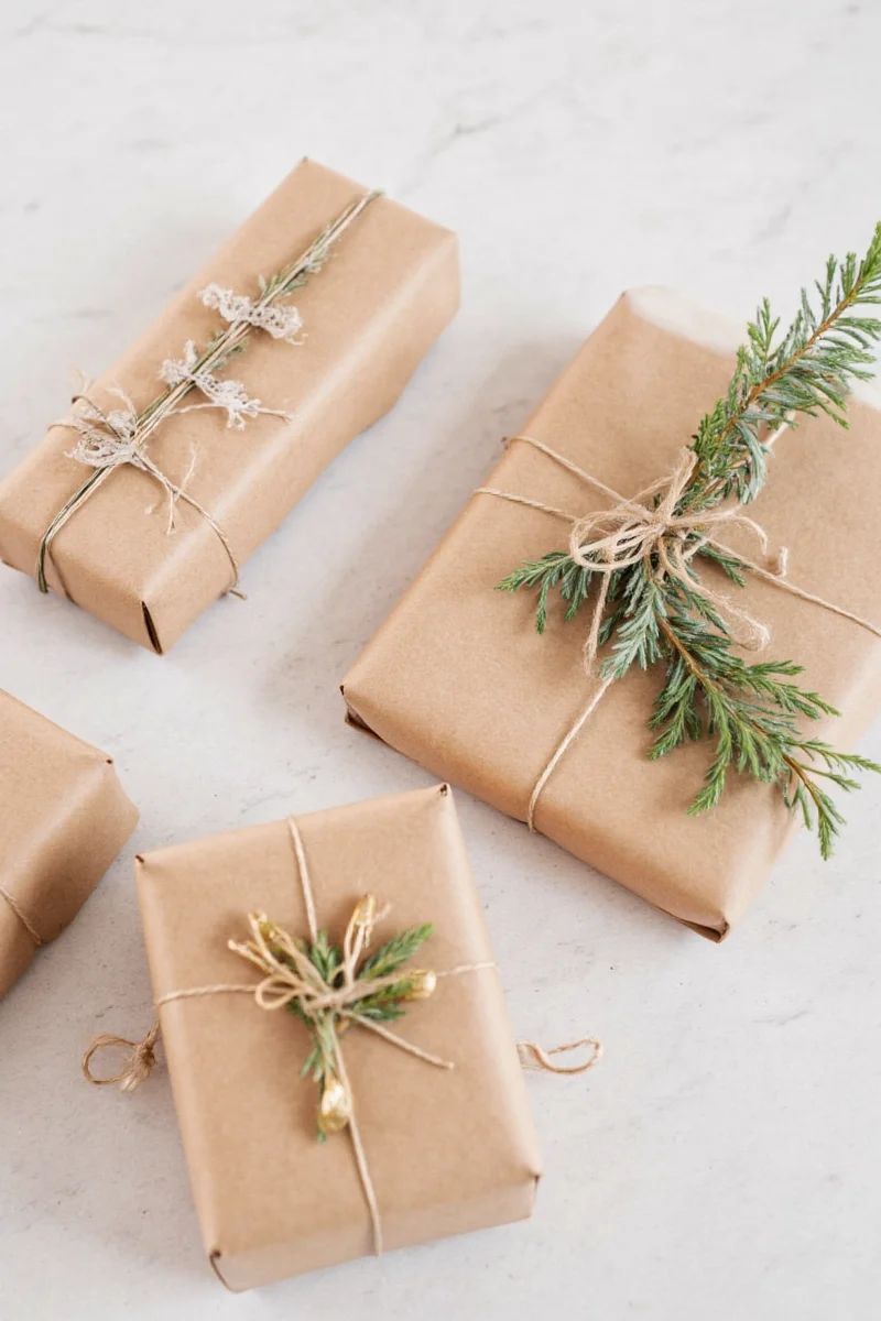 Brown paper wrapped gift with twine and greenery