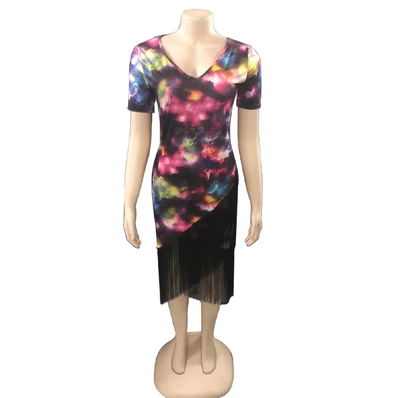 

New arrivals summer casual dress short sleeves colorful printed fringe skirt plus size prom dresses for women, Rose red, gray