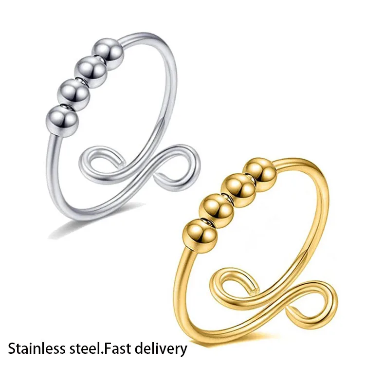 

Hot Sale Stainless steel Anti Stress Anxiety Bead Ring Creative beads rotate freely gold plated Rings for Men and wome, Gold/platinum/ oem