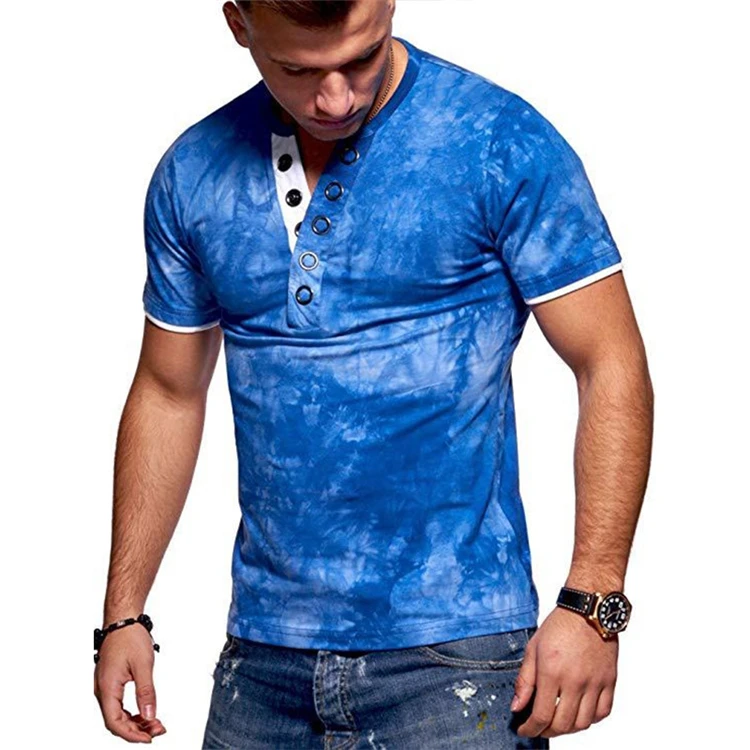

2021 New Style gym men fashion shirt high quality gym tie-dye printed open button round collart shirt for men