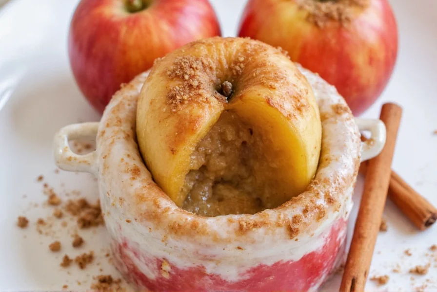 Three serving styles of baked cinnamon apples: with ice cream, yogurt parfait, and as pork chop side dish