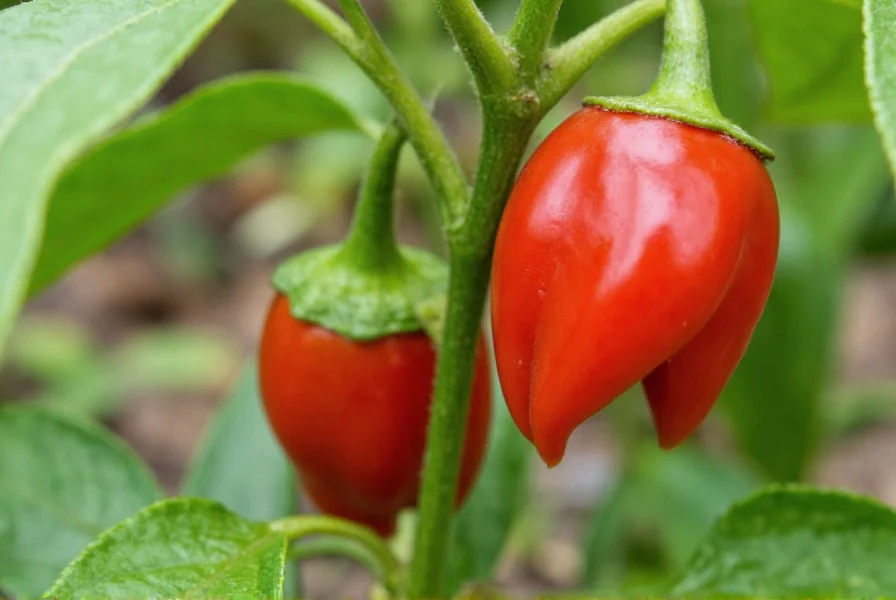 Aji Cacho de Cabra peppers growing on plant with characteristic curved shape and red coloration