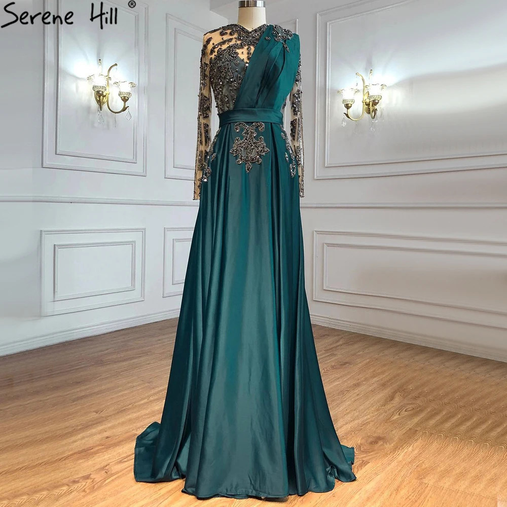 

Green Satin Muslim A Line Long Sleeves Beaded Evening Dresses Serene Hill LA71135 Floor Length Elegant Party Gowns For Women, Blue