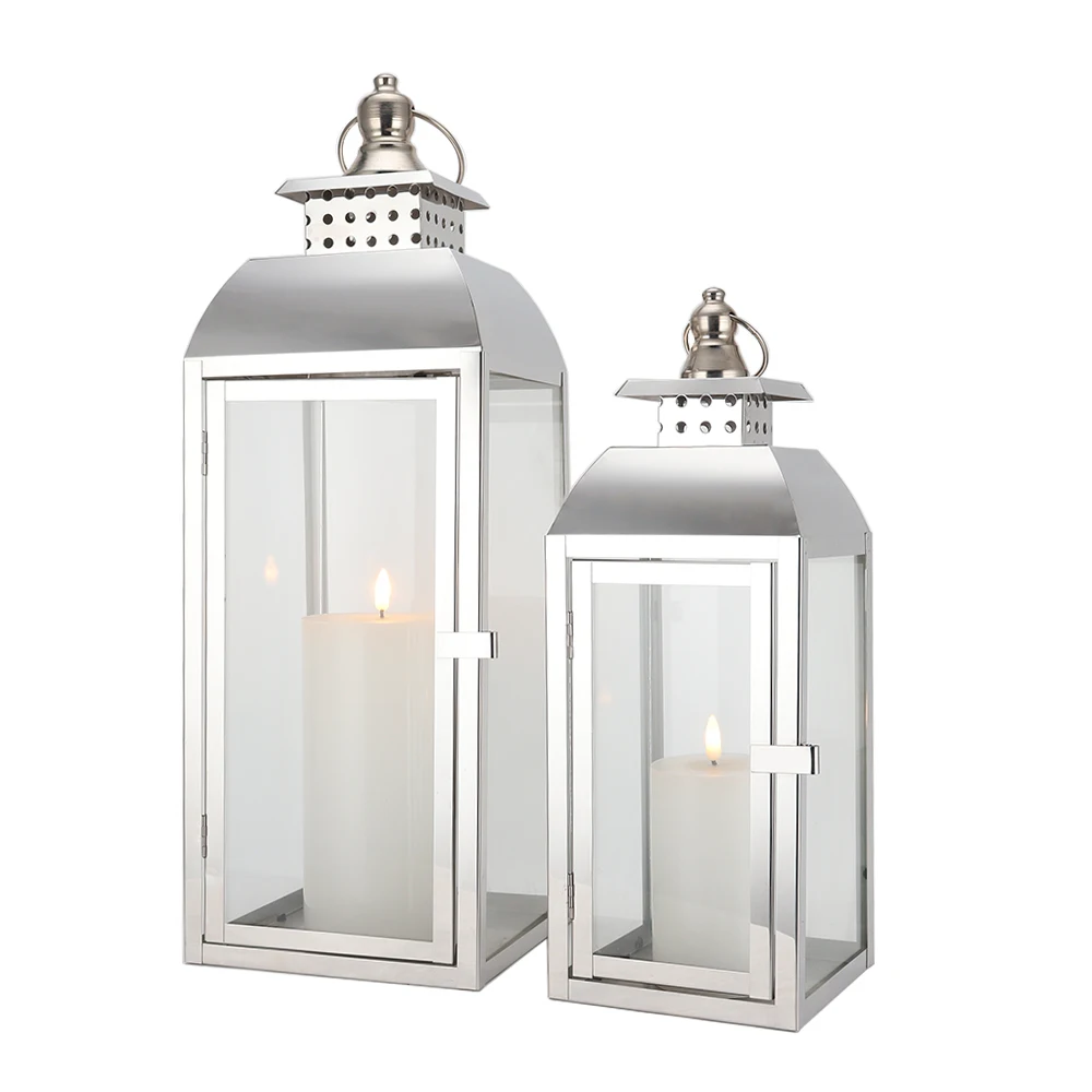 

RTS US Stocks Set of 2 Stainless Steel Decorative Candle Lanterns Silver Metal Candle Holders for Indoor Outdoor Events