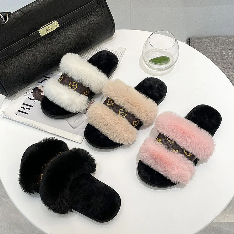 

Women fashion luxury plush fur slipper winter warm floral soft indoor ladies slide, White,black, apricot,pink