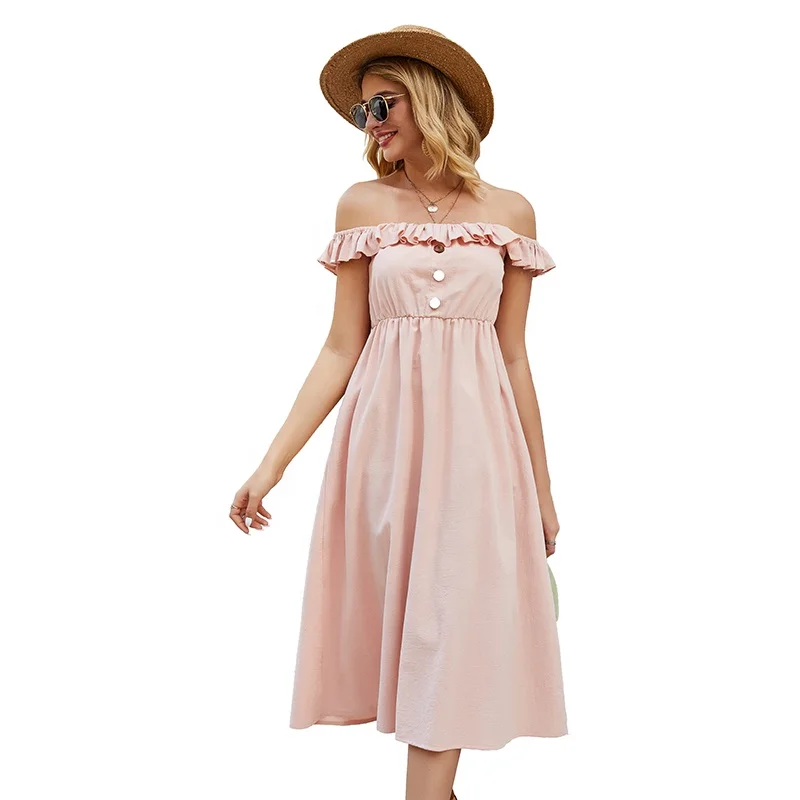 

Hot Sale Women Summer Off Shoulder Buttons Sexy Pink Color Casual Dress