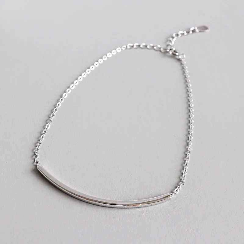 

HY-ST016 S925 sterling silver simple geometric square tube curved cross chain anklet female silver jewelry, White gold