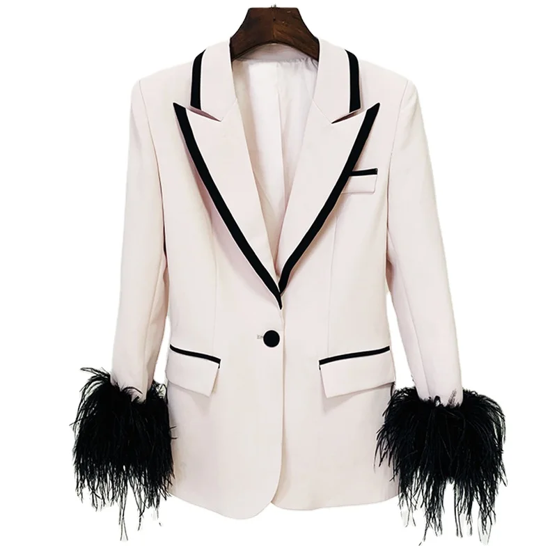 

2022 women office wear feather trimmed blazer jacket lady blazer jacket classic single button feather design women blazer jacket