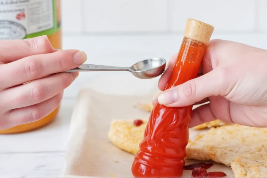 Hand holding red devil pepper sauce bottle with measuring spoon showing proper serving size