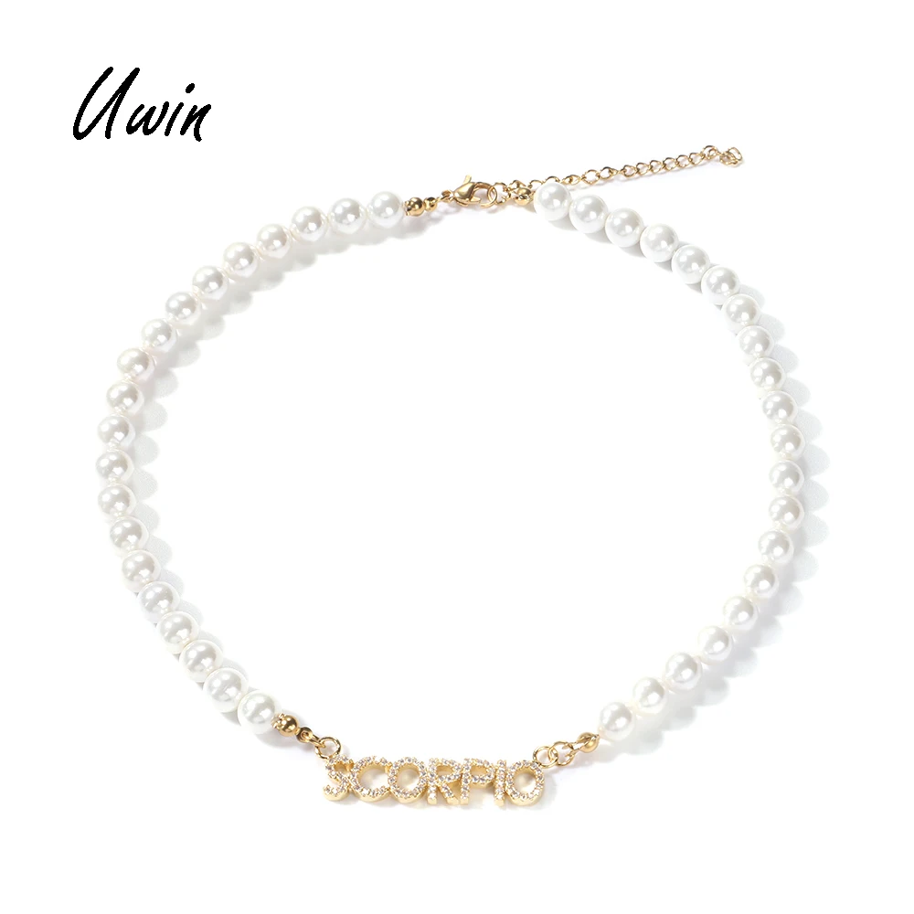 

Hip Hop Female CZ Custom Mini Name Pendant Pearl Chain Women Necklace Jewelries, Gold, silvery