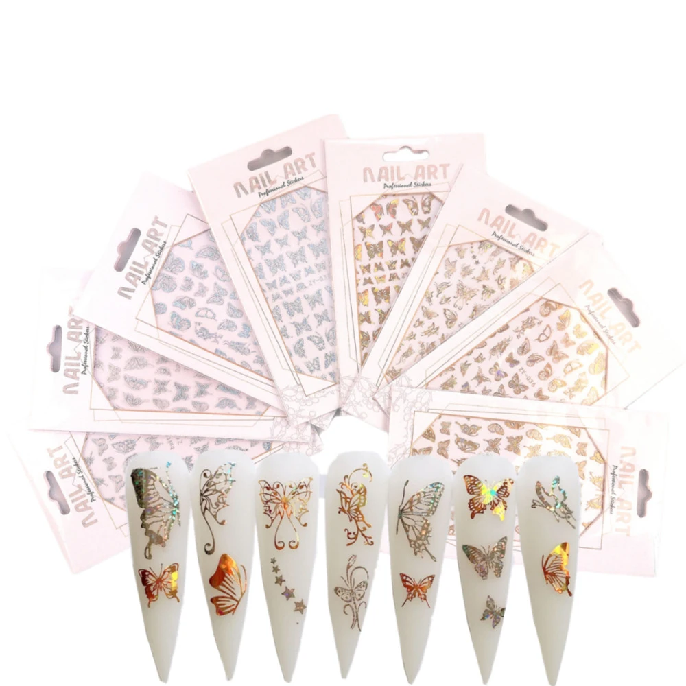 

Fast Shipping 3D Laser Bronzing Gold & Silver Butterflies for Manicure DIY Water Proof Self Adhesive Butterfly Nail Art Stickers