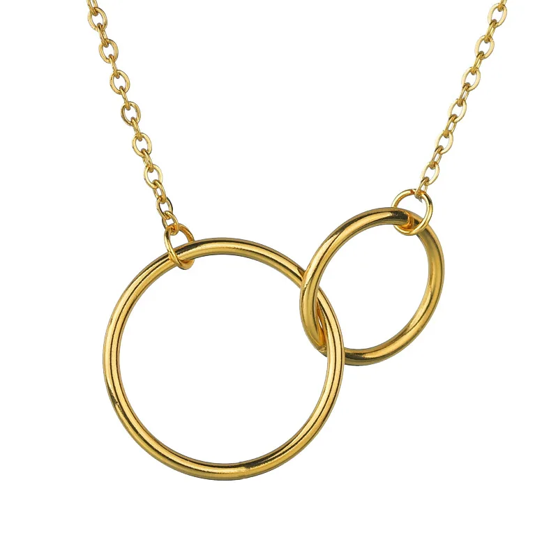 

Mother's Day Gift High Quality Two Rings Pendant Necklace Gold Plated Stainless Steel Interlocking Double Circle Charm Necklace, Picture shows