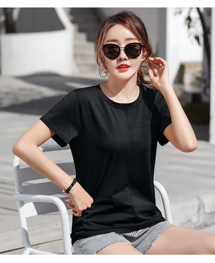 

Summer new solid color loose round neck splicing Casual Short Sleeve women's T-shirt