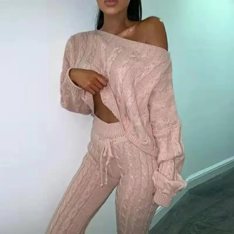 Sexy Two Piece Sets Knitted Short Top And Pants Pullover Long Sleeve Autumn 2 Piece Suit Solid Women Outfits Casual