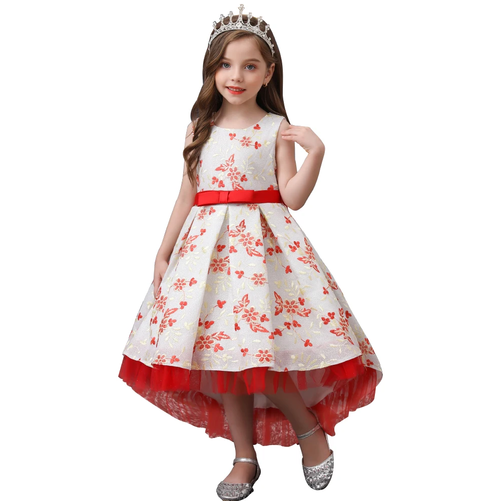 

Western style noble princess dress round neck printing tailed wedding dress 4-14 years old party girls evening dress