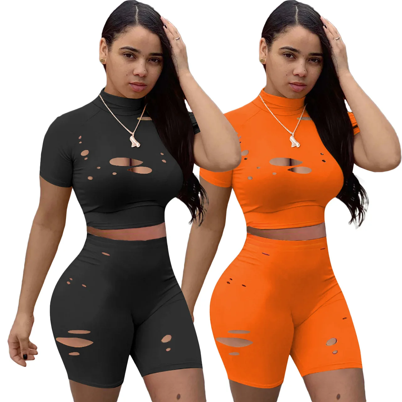 

2021 Summer Two Piece Sport Jogger Clothing Women Biker Ladies Outfit Short 2 Two Piece Set, Picture shows