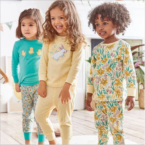 

Wholesale girl's long sleeve kids pajamas sleepwear sets baby girl yellow rabbit korean pajamas baby