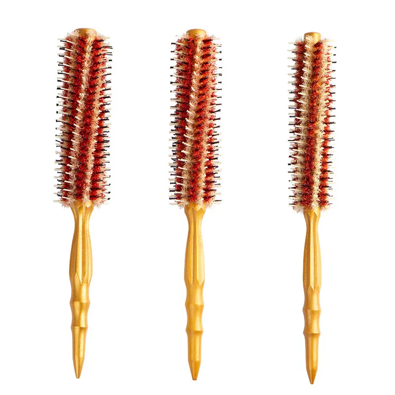 

Golden Heat-resistant Solid Wood Boar Bristles Inner Buckle Rolling Comb Tip Tail Hair Comb Styling Curling Comb