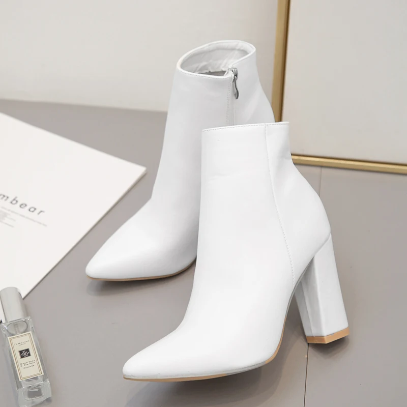

Dropshipping Fashion sexy white pointed Toe ankle boots plus size women designer chunky heel boots