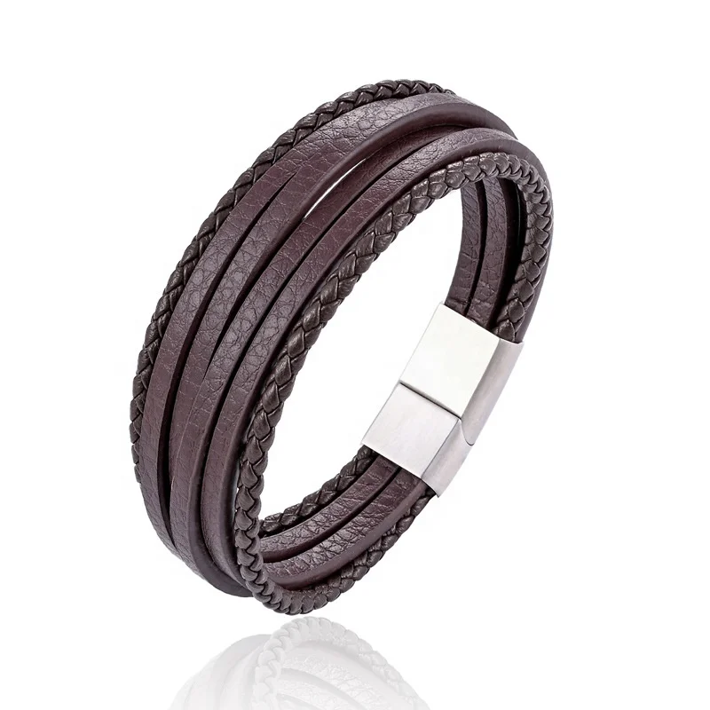 

2020 Factory Outlet Fashion Punk Mens 316L Stainless Steel Magnetic Clasp Layered Wrap Braided Genuine Leather Bracelets, Brown,black