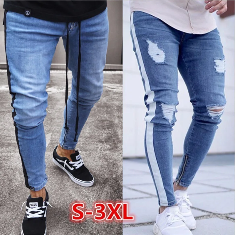 

2021 Summer Fashion Thin Men's Jeans Stretch Slim Knee Holes Zipper Pants Men, Black,blue,light blue