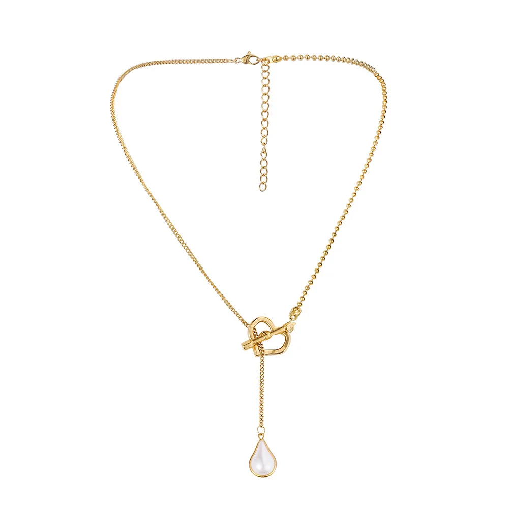 

Minimalist Gold Plated Love Toggle Chain Cupid Arrow Heart Chain Teardrop Pearl Y Pendant Necklace Stainless Steel Jewelry