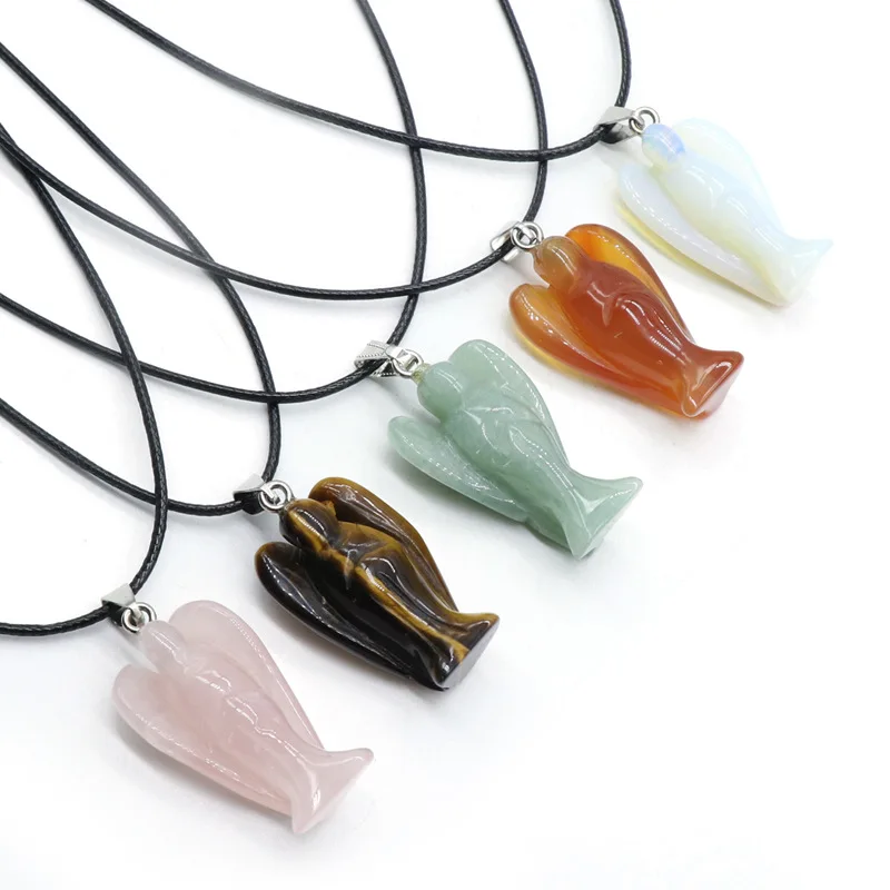 

Natural Stone Crystal Carved Gemstone Peace Pocket Guardian Angel Figurines Reiki Healing Crystal Statue Stone Pendant Necklace