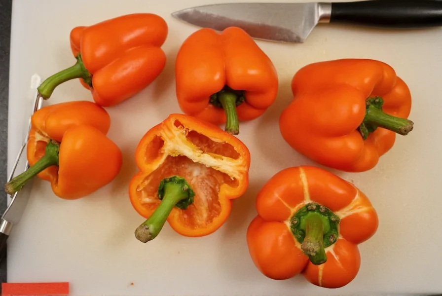 Flatiron peppers sliced open to show their distinctive three-lobed interior structure, arranged on a cutting board with cooking utensils