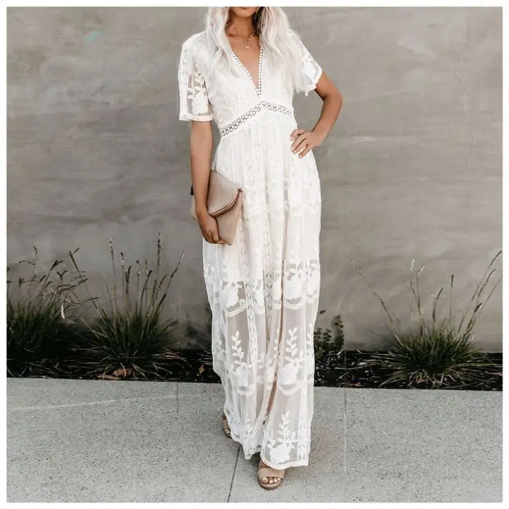 

Fashionable Solid High Waiste Woman Casual Dress Women Ladies V-Neck Embroidered Short Sleeve Lace Long Dresses