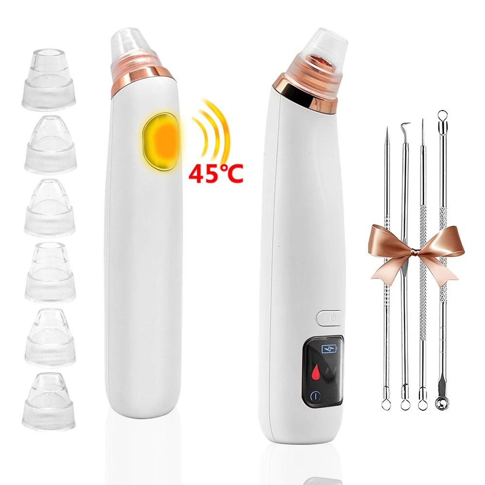 

6 in 1 Heating Facial Pore Deep Cleaning Electric Rechargeable Lithium Battery Vacuum Suction Blackhead Remover Vacuum, White pink