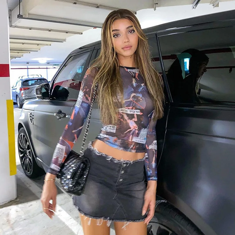 

2020 new arrivals autumn fashion printed design mesh women long sleeves tops