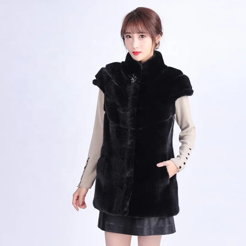 

Winter Hot Sale Faux Fur Mink Vest Artificial Fox Fur Clothing, Black