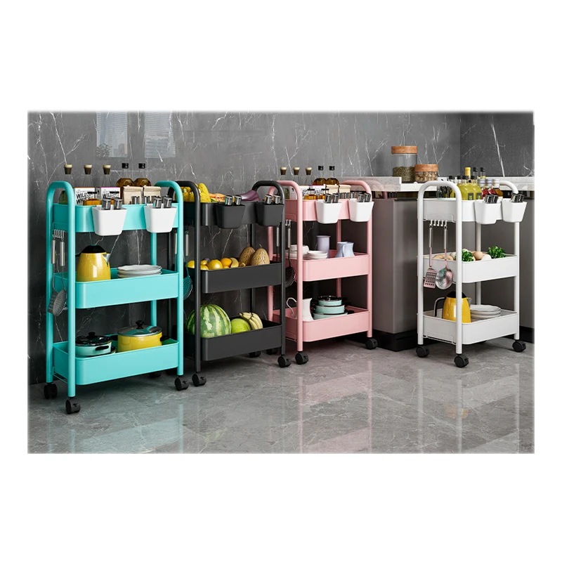 

Kitchen Cart Rack Multi Layer Movable Household Storage Trolley Space Saving and Convenient Armrest Storage Shelf, Black, white, pink, green