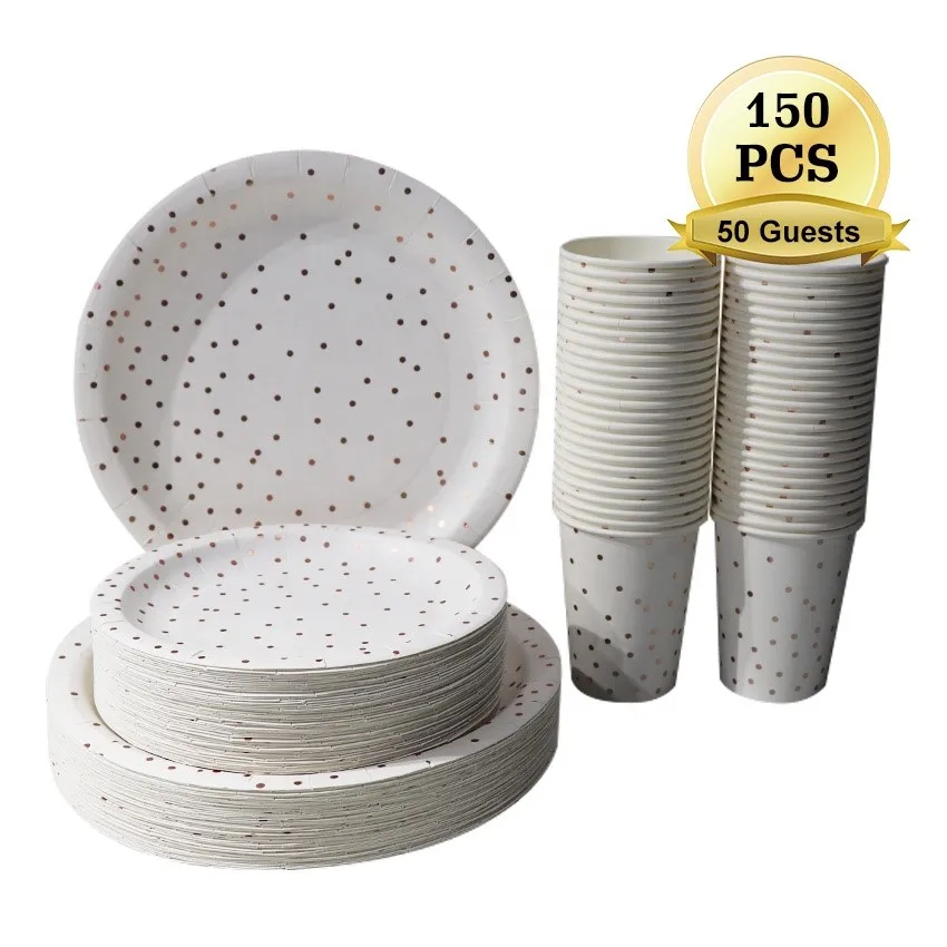 

HY Happy Birthday White Small Dots Cake Plates Tableware Paper Sets For Wedding