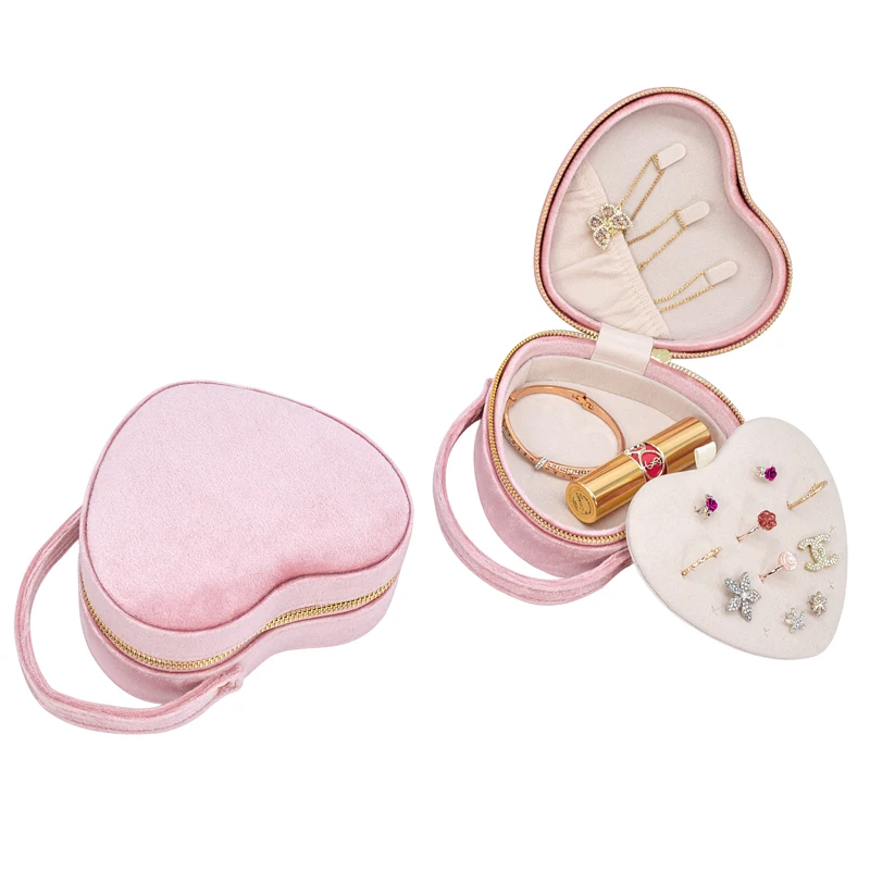 

New Arrival Heart Shape Small Velvet Travel Jewellery Organizer Case Beige Portable Jewelry Box, Beige/light green/light pink/dirty pink