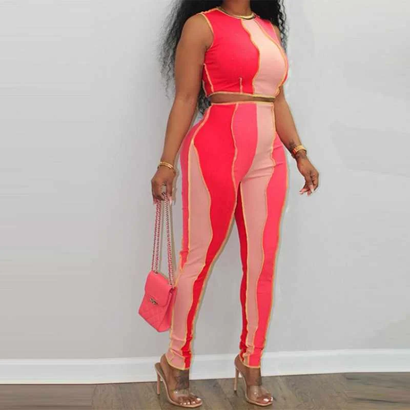 

K21S01079 Most popular summer sleeveless patchwork women 2 piece outfit crop top women two piece sets 2021 sexy women outfits