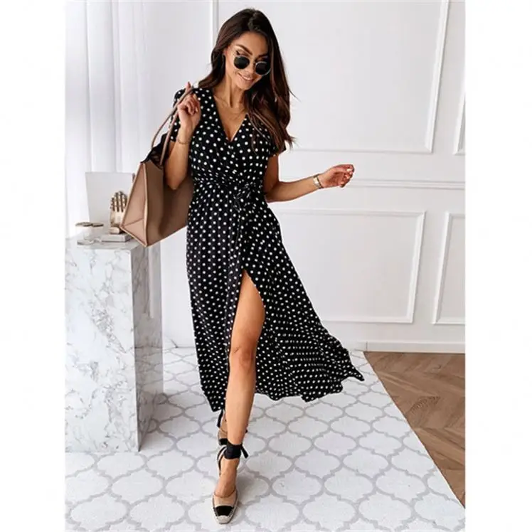 

PEARL Robe Femme Short Sleeve Spot Sexy V Neck Long Women Casual Dress Summer Dresses 2021