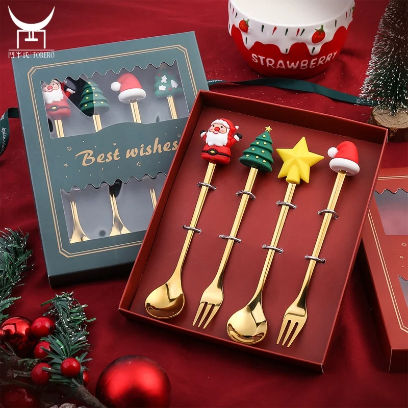 

Christmas Stainless Steel Stirring Coffee Cupping Spoon Fork Set Dessert Fruit Mixing Soup Spoon Set for Party Table Decoration